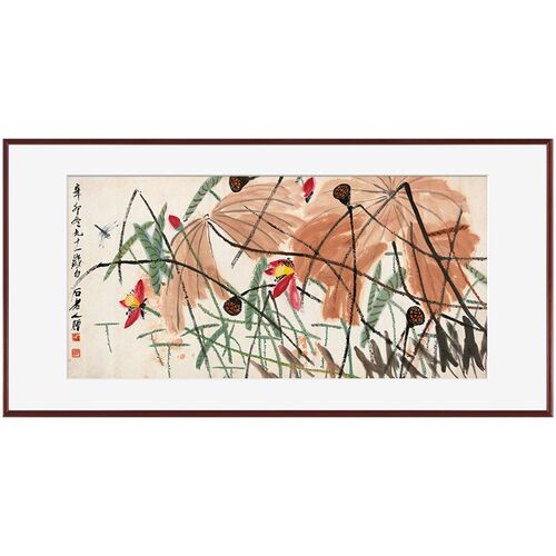 荷花蜻蜓齐白石写意水墨国画新中式客厅餐厅莲花装饰画实木框版画