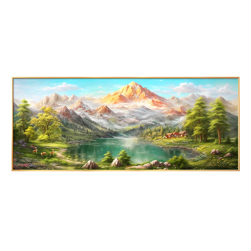 山水画客厅装饰画沙发背景墙挂画轻奢横款风景画油画日照金山壁画