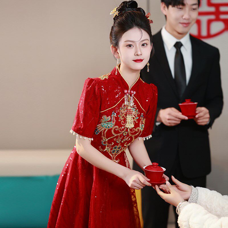 酒红色旗袍敬酒服2024新款新娘订婚女结婚回门礼服小个子蕾丝立领