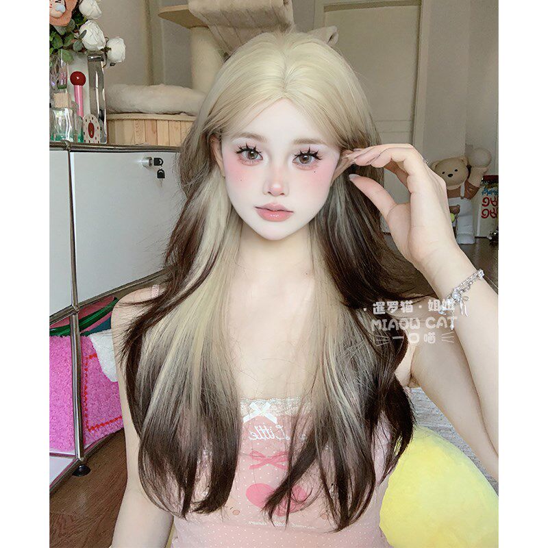 一口喵假发女新款日常网红暹罗猫渐变自然长卷发全头套