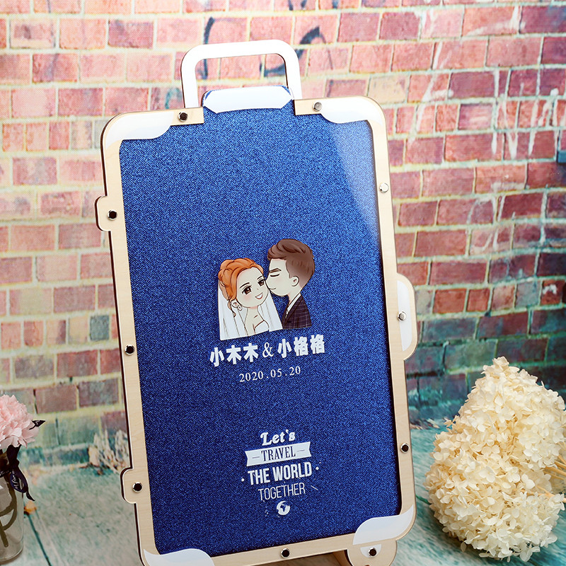 旅行箱旅行婚礼纪念蜜月礼物创意木片签字摆台定制签到本签名簿板