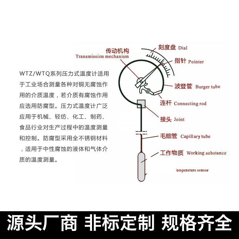 五福林仪表WTQ/WTZ-288不锈钢英文表盘电接点远传压力式温度计