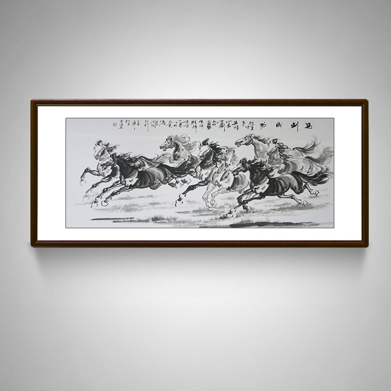 手绘八骏图挂画马到成功横幅中式国画马字画书画水墨画办公室挂画