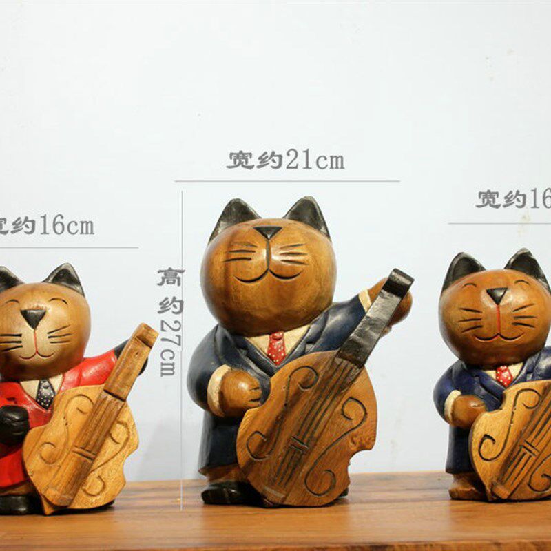 泰国实木创意摆件手工雕提琴可爱小猫咪家居摆件桌面装饰结婚礼品