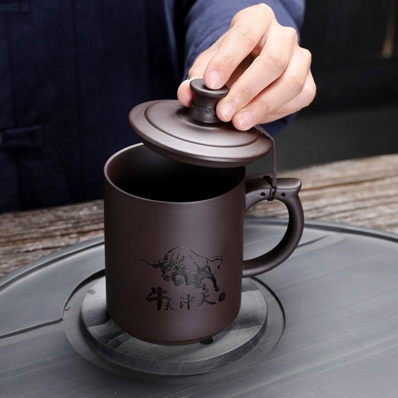 中式办公茶杯紫砂杯家用刻字带盖大容量喝水杯单个带把马克杯定制