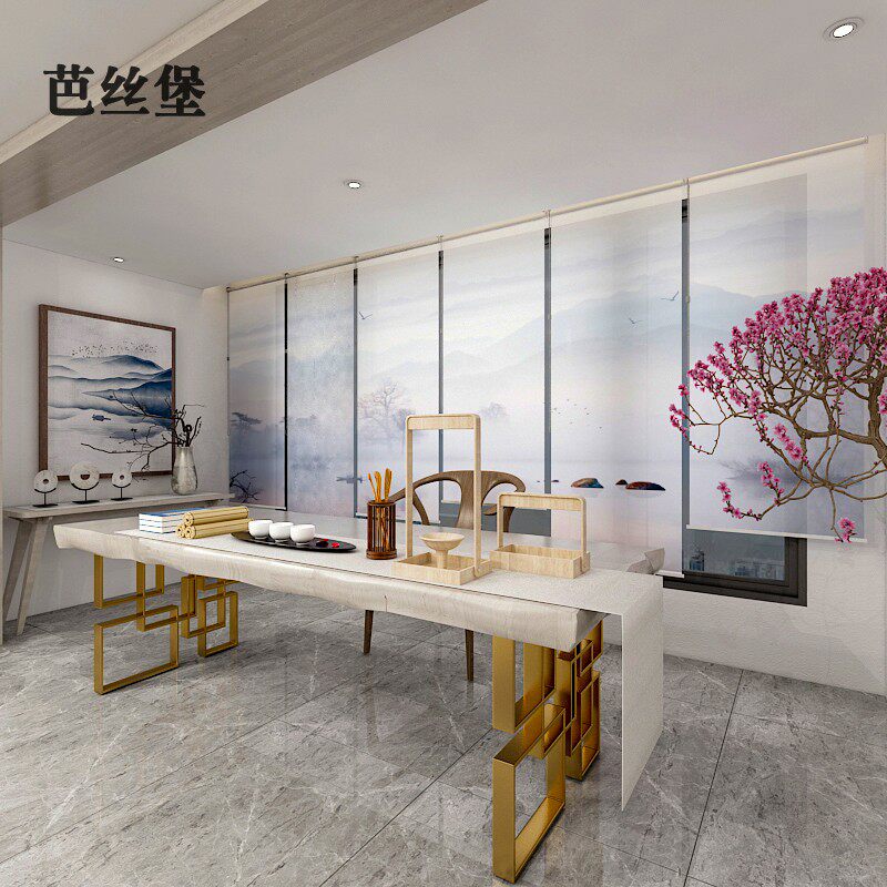 新中式窗帘软隔断办公室展会屏风帘悬挂式窗户柔纱帘卷帘双层遮光