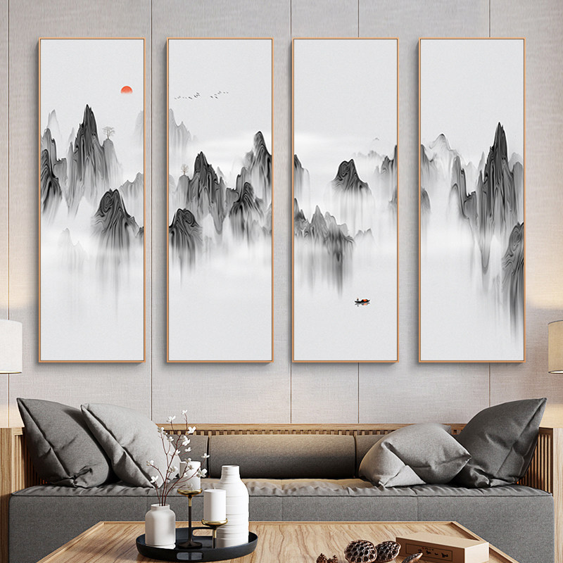 新中式装饰画客厅沙发背景墙茶室墙面挂画禅意山水画四联水墨壁画