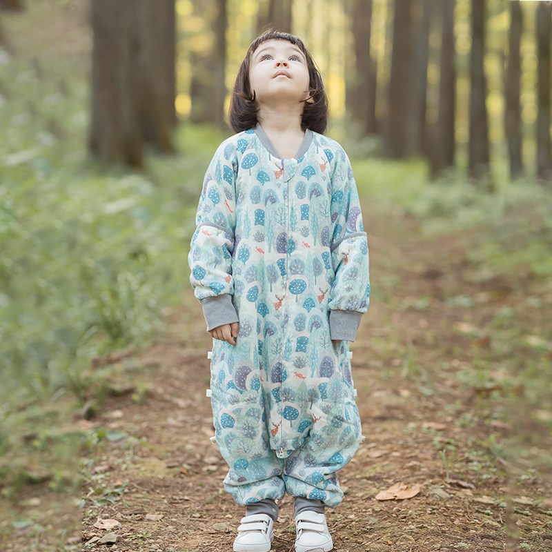 安旦儿童纱布薄厚夹棉睡袋 2024新款春秋婴儿连体衣长袖分腿睡袋