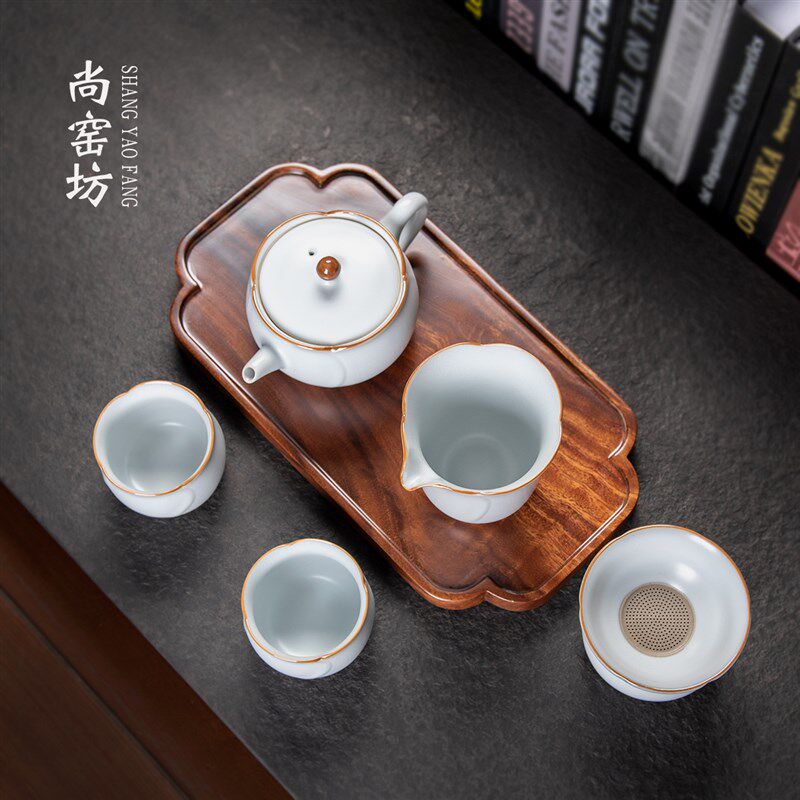 月白釉汝窑一壶两杯泡茶壶陶瓷中式汝瓷高档二人茶具冰裂纹带托盘