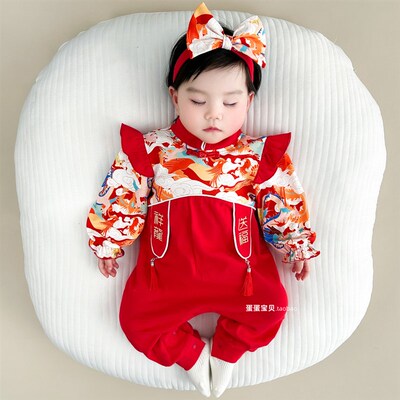 中式婴儿衣服女宝宝秋装超萌连体周岁礼服满月百天一岁春秋季公主