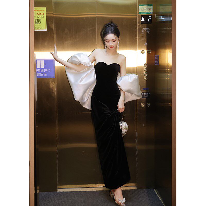 黑色礼服裙轻奢小众高端高级感聚会成人礼日常可穿主持人演出服