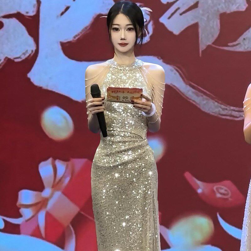 主持人晚礼服裙女2025新款爆闪毕业典礼宴会气质亮片连衣裙高级感