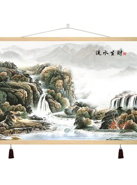 新中式山水电表箱装饰画横款免打孔客厅遮挡配电箱电闸箱布艺挂画