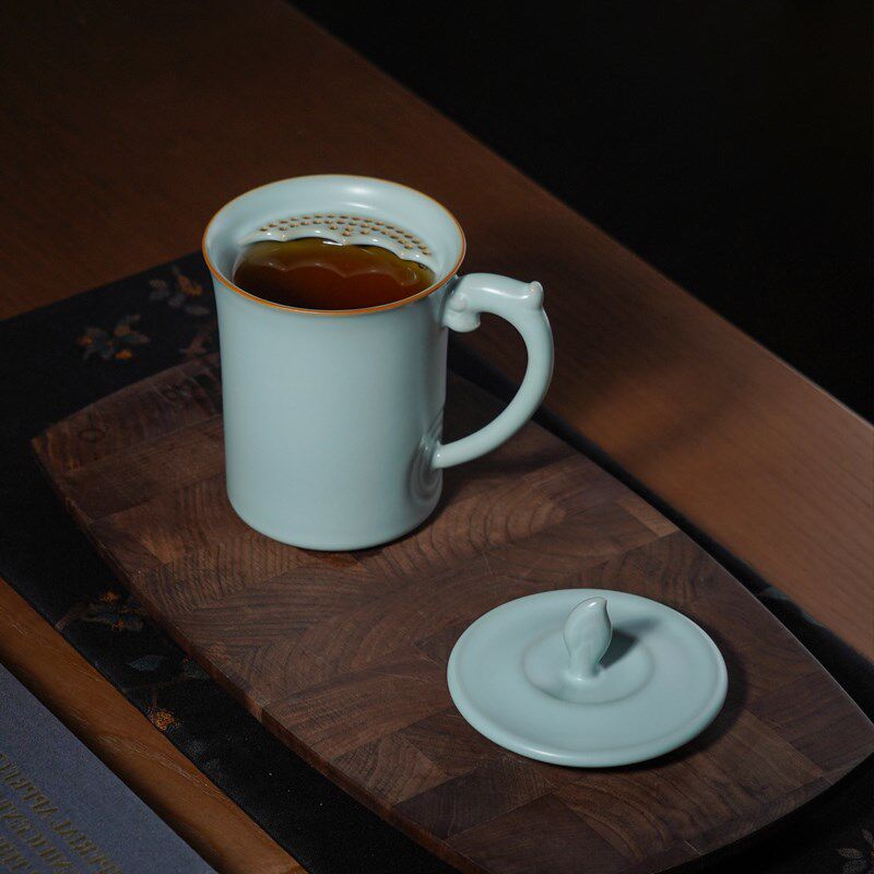 汝窑办公杯陶瓷茶杯带盖大容量水杯景德镇瓷器复古汝瓷礼品珑珑杯