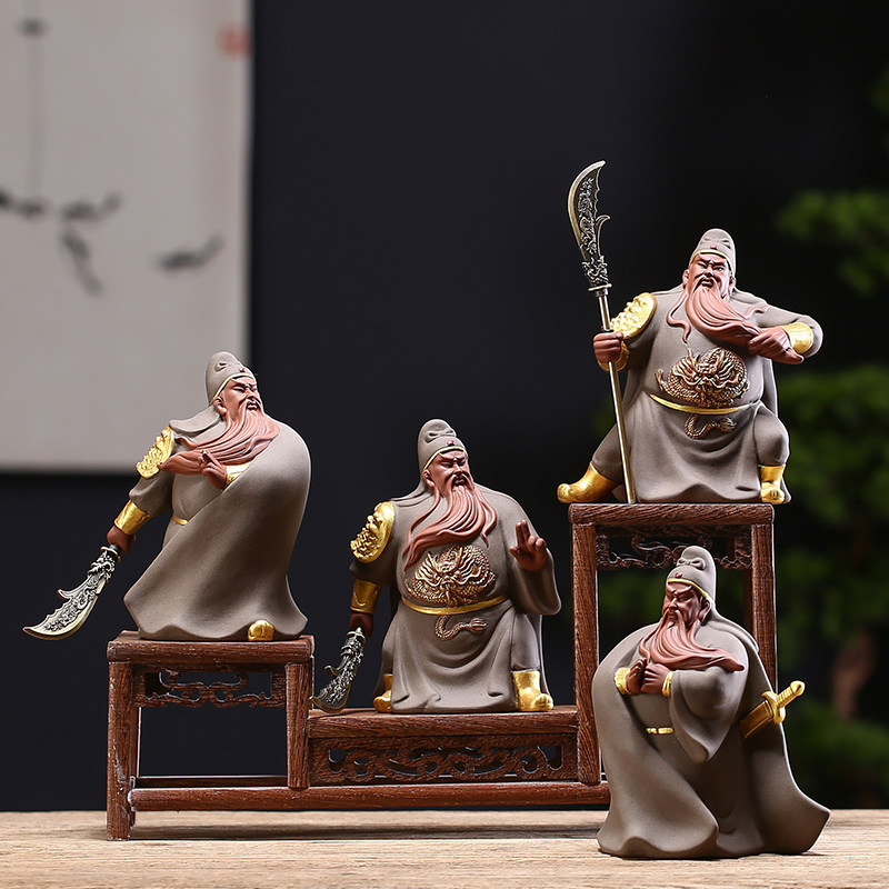 武财神关公招财车载摆件复古手工描金武圣关羽青龙偃月刀家居饰品