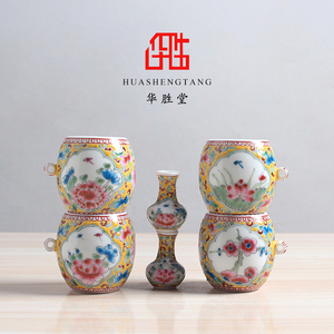 华胜堂 景德镇手绘粉彩四季花图案六件套鸟食罐麻料杯鸟笼配
