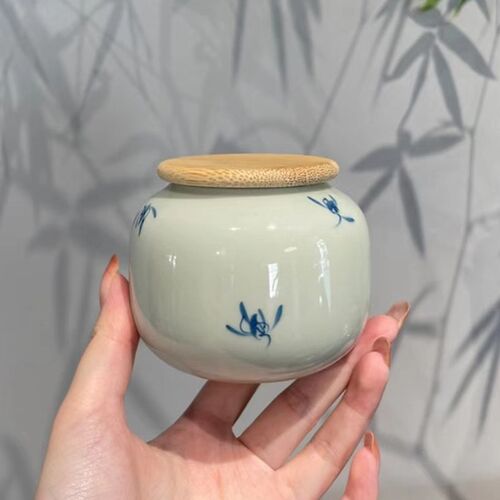 惊蛰 仿古灰釉下彩手绘兰花木盖小号茶叶罐 密封罐小茶仓 茶道件