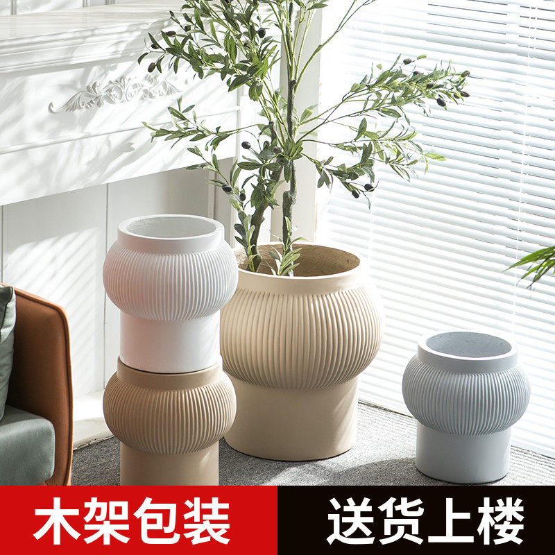 北欧镁泥灯笼款大花盆家用创意欧式虎皮兰发财树绿植落地花器
