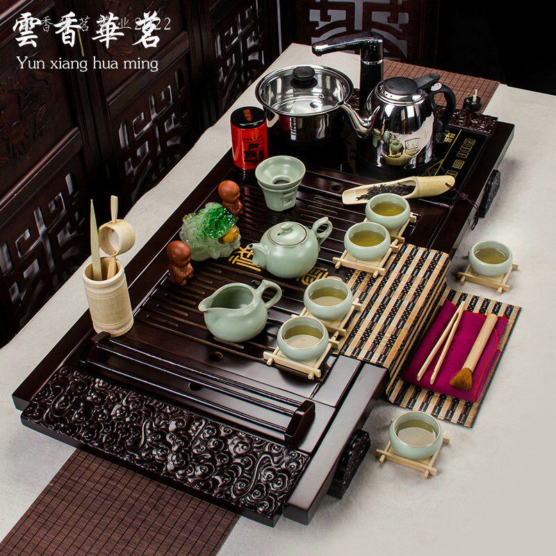 奢华大祥云功夫茶具套装整套陶瓷汝窑四合一抽水电热磁炉实木茶盘
