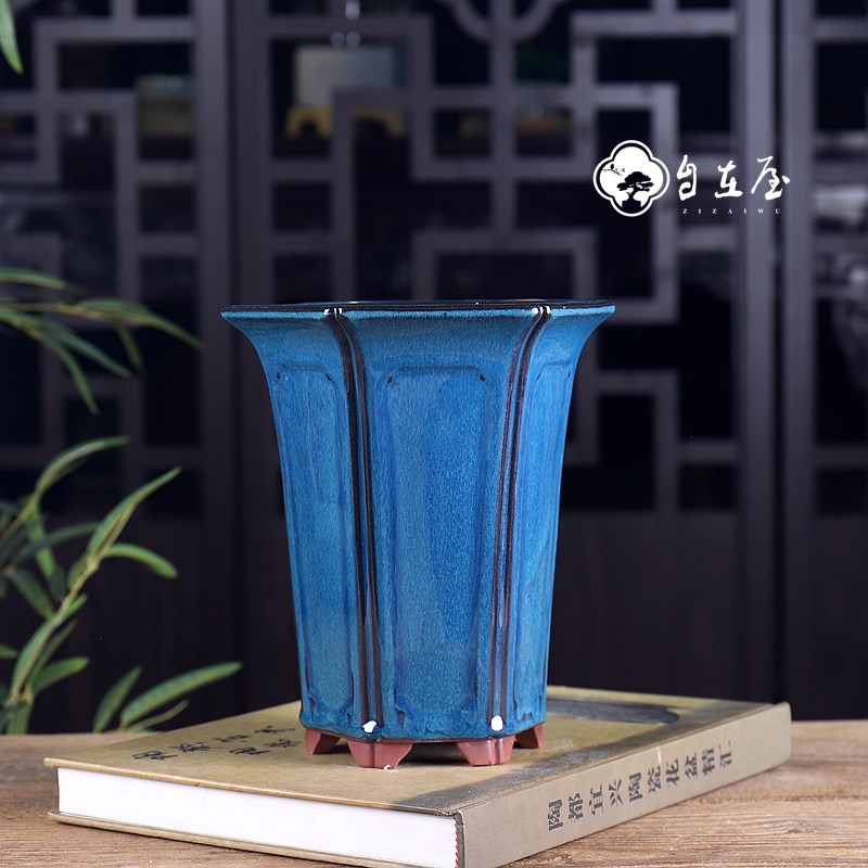 包邮宜兴紫砂介意兰花盆六方凹面盆高盆盆栽简约盆景盆盆景