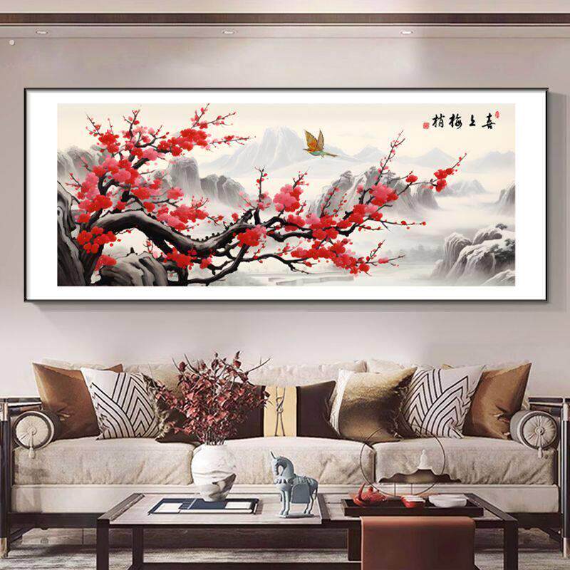 鸿运当头挂画新中式客厅沙发背景墙装饰画卧室床头画喜上眉梢壁画