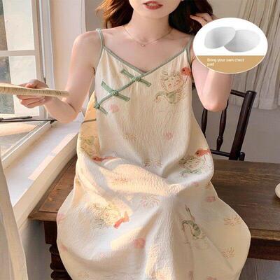 新中国风夏季薄睡衣与乳房垫和吊带的妇女2025新中国风可爱睡衣家
