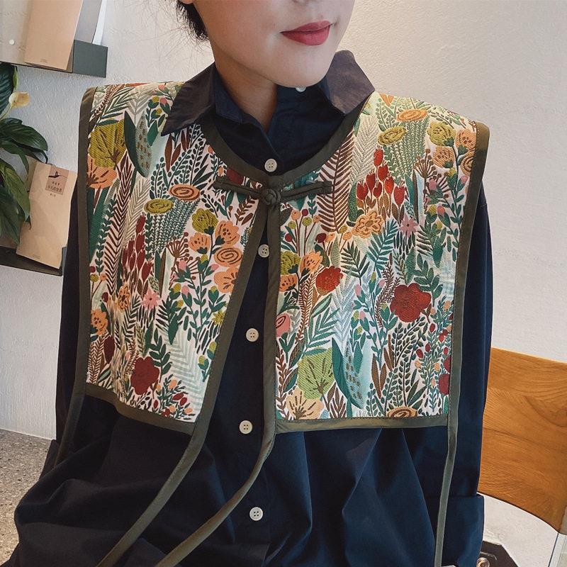 新潮民族风刺绣小披肩马甲女系带粗布围巾搭肩春秋装饰网红假领子