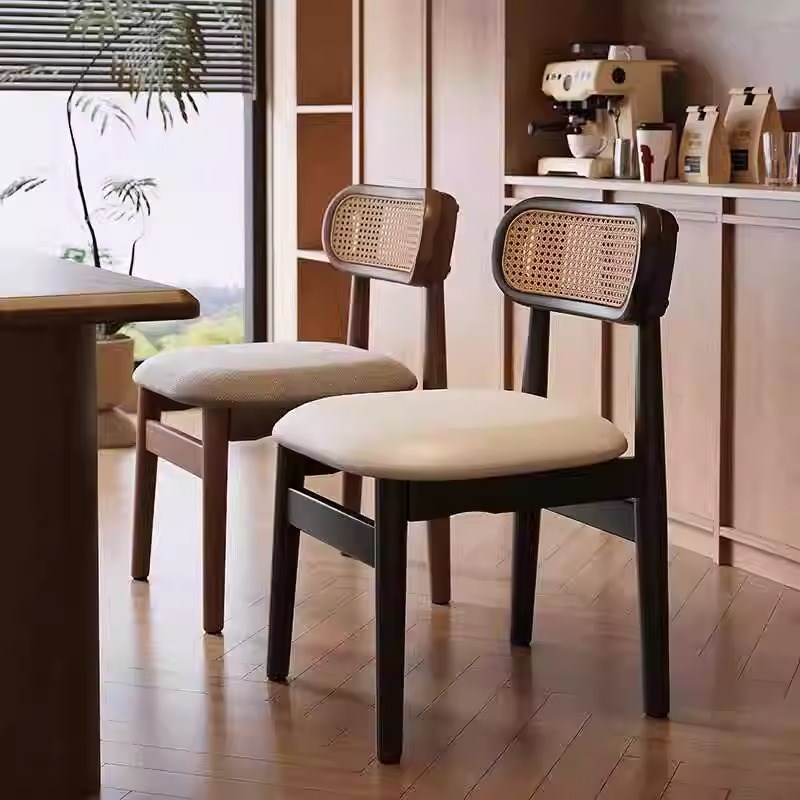中古藤编椅子实木餐椅家用阳台休闲椅现代简约靠背藤椅黑色餐桌椅