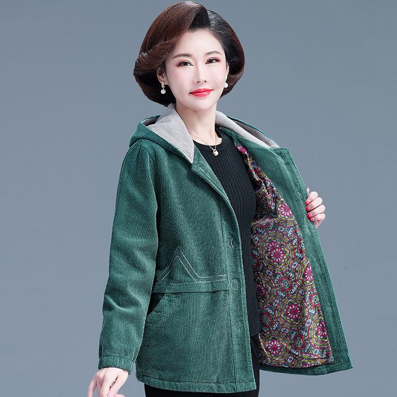 中老年女春秋纯棉外套老人条绒风衣加大码灯芯绒夹克妈妈上衣服冬