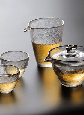 日式金边玻璃茶具套装透明锤纹玻璃杯功夫茶盏泡茶盖碗小茶杯礼盒