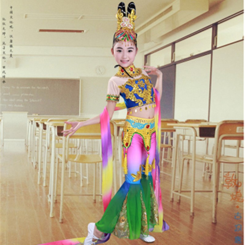 新款儿童飞天敦煌舞蹈演出服古典舞千手观音水袖舞表演服装仙女服