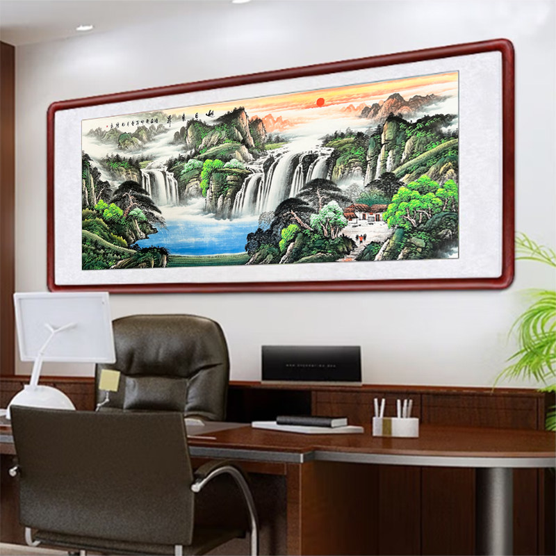 纯手绘鸿运当头国画山水画客厅办公室挂画长城画靠山图聚宝盆卷轴