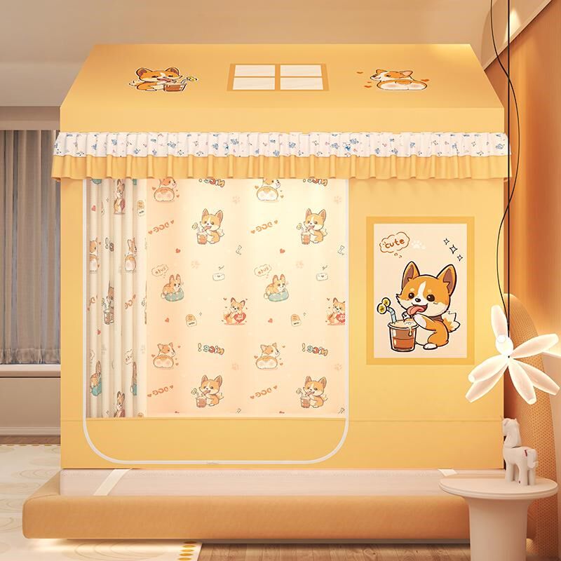 A类城堡款房屋型遮光防摔坐床蚊帐家用小房子3开门床帘床幔拉链帐