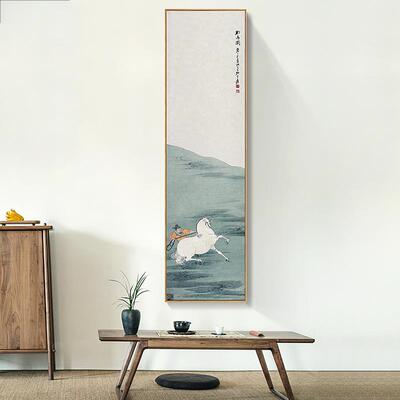 勒马图张大千新中式玄关装饰画竖版长条古典中国风书房卧室大挂画