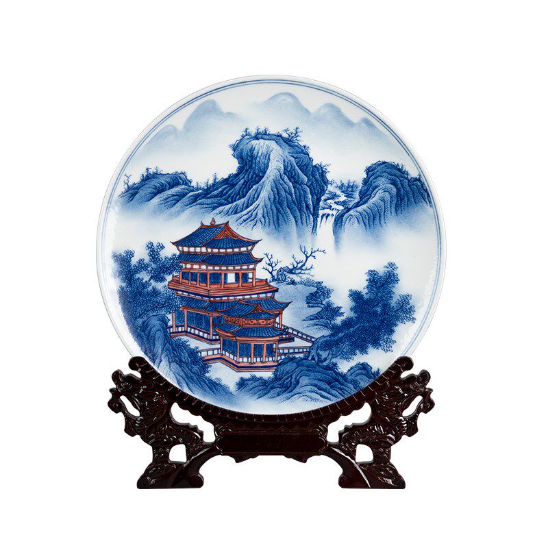 景德镇陶瓷盘子摆件青花瓷山水艺术盘客厅酒柜博古架坐盘挂盘装饰