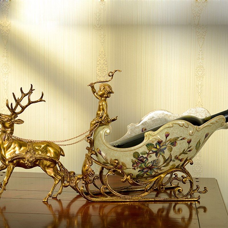 欧式雪橇鹿车酒架果盘餐厅餐桌摆件陶瓷镶铜摆件装饰品工艺品摆设