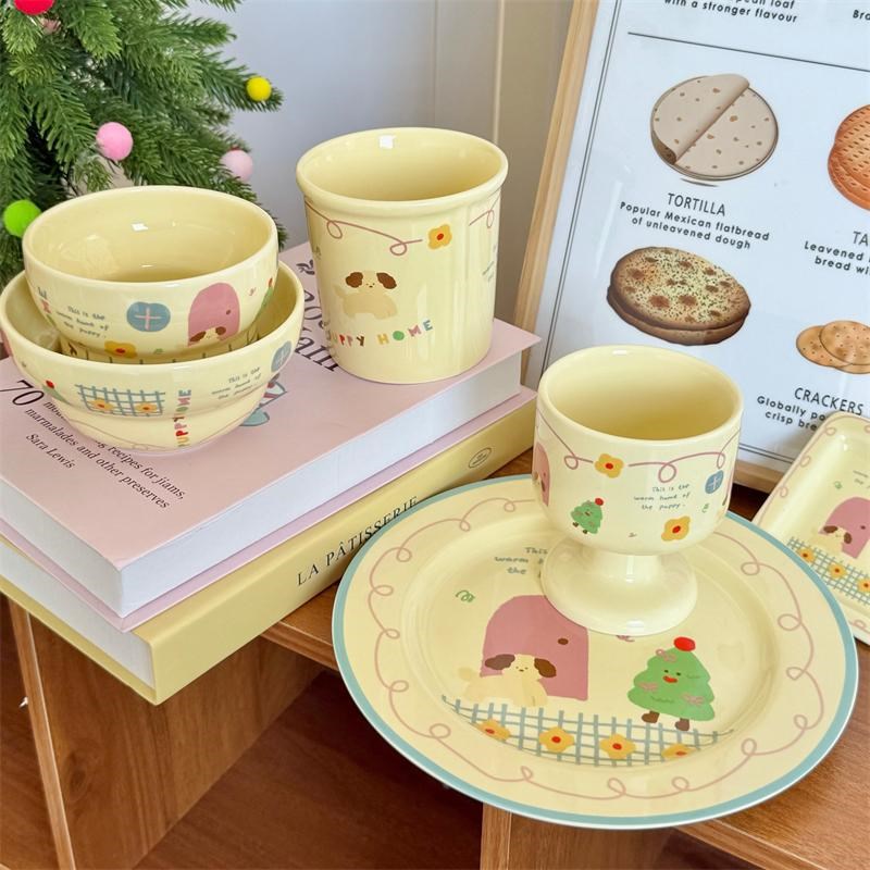 圣诞快乐耶*童趣小狗插画陶瓷餐具套装甜品碗餐盘冰淇淋杯米饭碗