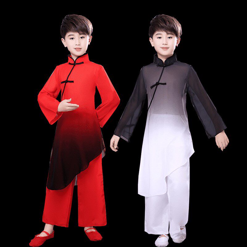 中国风武术服太极扇表演服男孩古典舞演出服团体操功夫水墨服书童