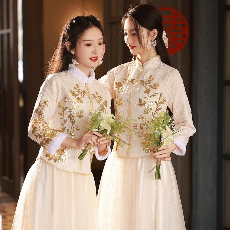 中式伴娘服女2024新款冬季婚礼服高级感秀禾姐妹裙伴娘团旗袍显瘦