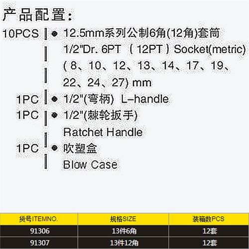 鹰之印13件12.5MM镜面套筒组套6角/12角扳手组套 L型套装汽修工具