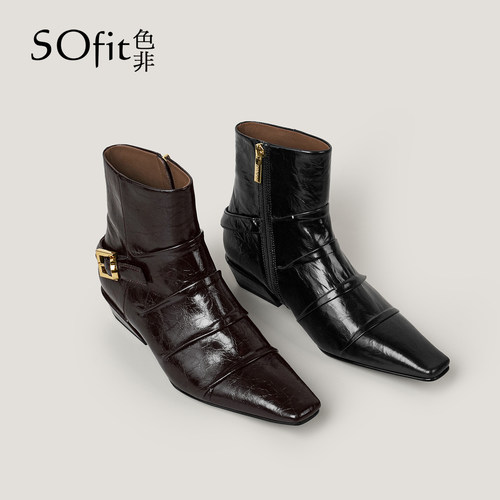 SOfit/色非冬季通勤时尚百搭潮流低跟休闲方头粗跟切尔西女靴