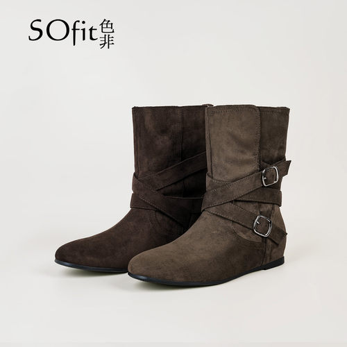 SOfit/色非新款时尚百搭复古时装靴气质皮带扣内增高英伦风女鞋