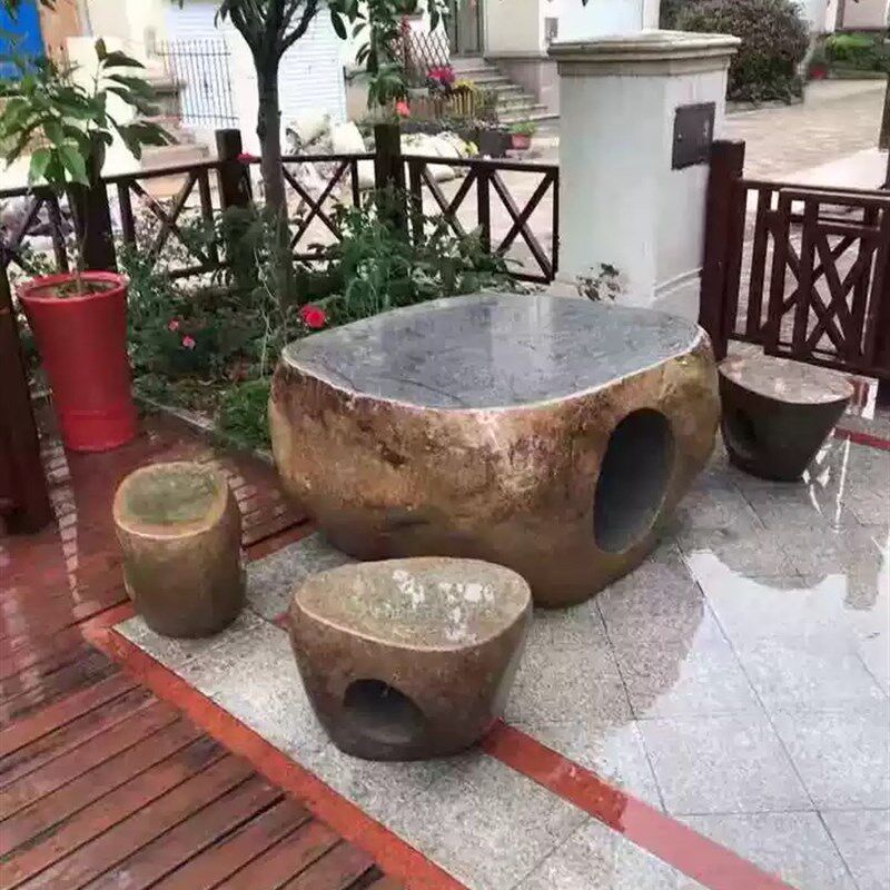 整石石桌石凳鹅卵石庭院花园户外石凳园林休闲石桌茶台装饰摆件