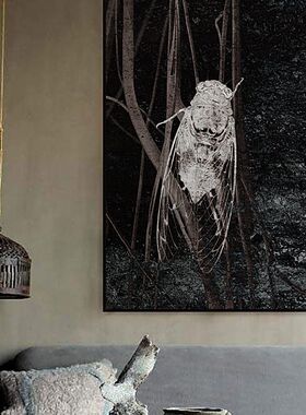 侘寂风样板间装饰画新中式玄关饭厅墙画赤贫风家具展厅春秋蝉挂画