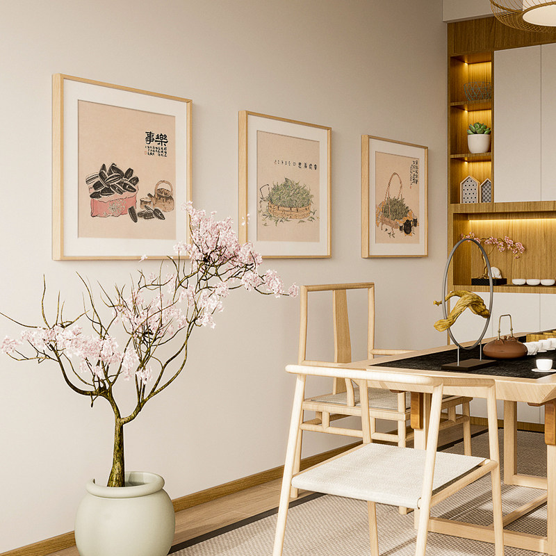新中式茶室挂画方形禅意水墨茶壶茶叶四联日式茶楼餐厅酒店装饰画