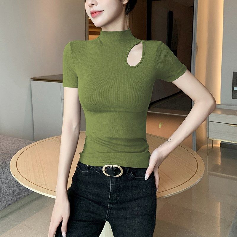 短袖t恤女2025新款黑色夏季螺纹针织半高领镂空百搭修身显瘦上衣