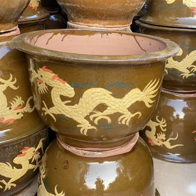 加厚陶瓷龙缸大花盆黑釉盆土陶缸铁树花盆庭院家用大型绿植专用盆