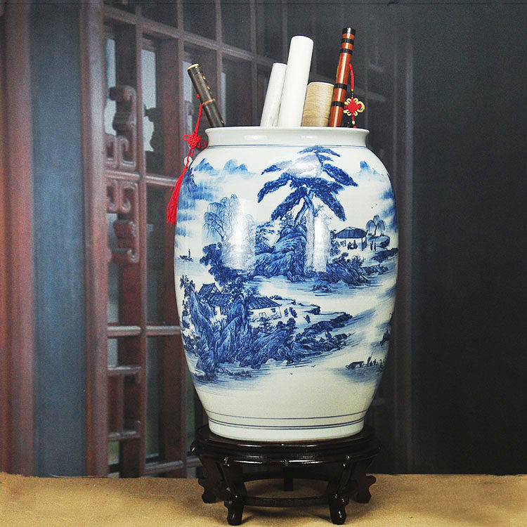 景德镇陶瓷器新中式青花瓷卷轴缸书画缸字画缸收纳书房摆件装饰