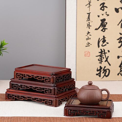 红檀中式镂空雕刻印章方形摆件奇石头花瓶盆景茶杯壶实木底座木托
