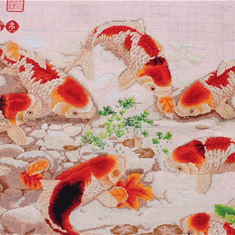 绣好的好纯手工十字绣成品九鱼图牡丹花开富贵机绣连年有余满绣画